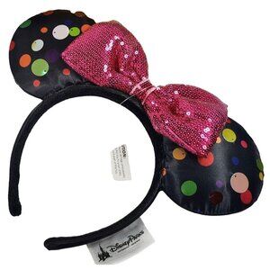 Disney Minnie Mouse Ears Headband Polka Dot Black Sequins Bow Hair Accessories